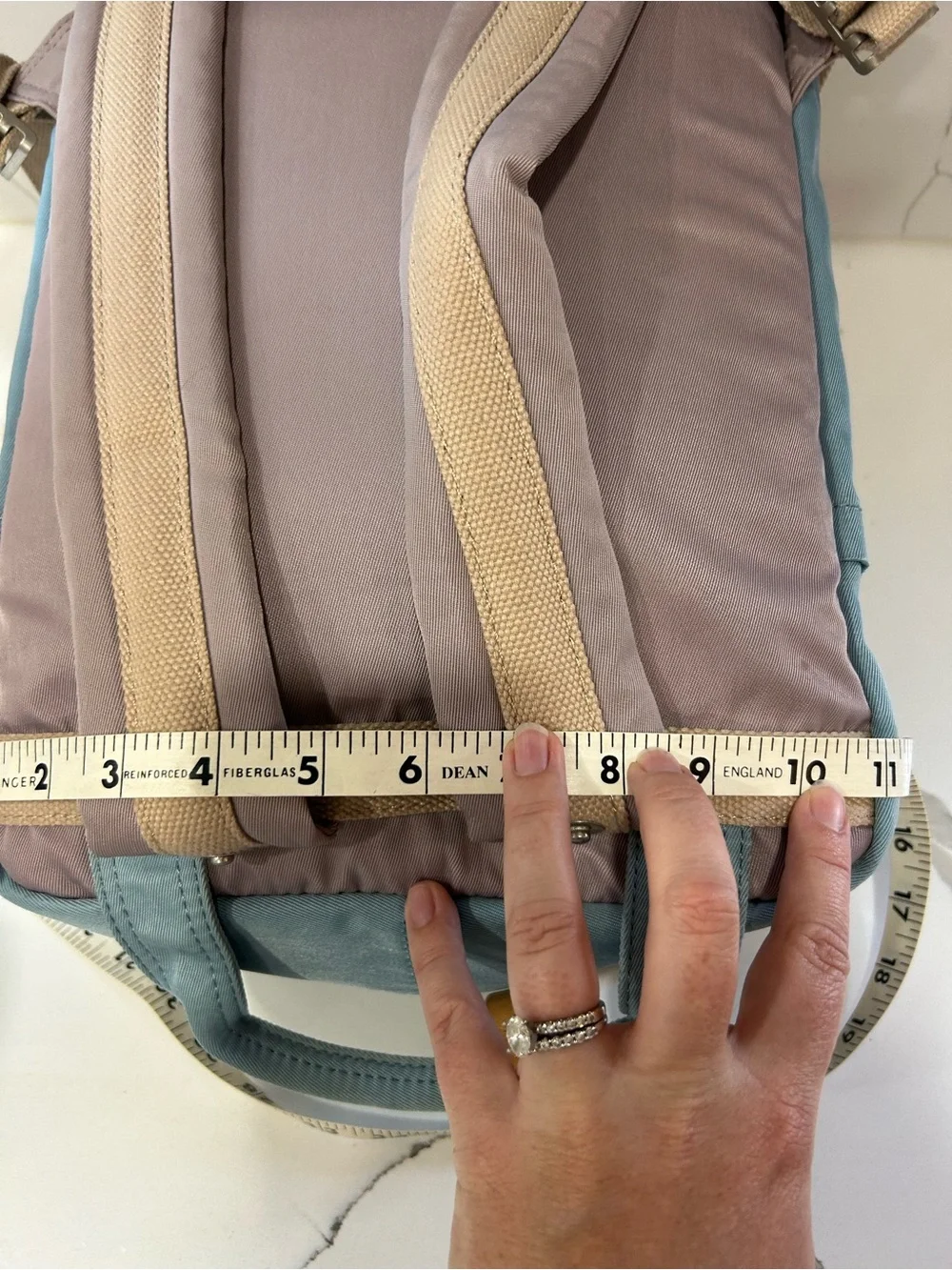 Doughnut Macaroon Blue & Lavender Canvas Backpack with Tan Accents - Women